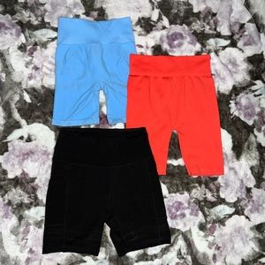 Women’s XS/S Workout Spandex Shorts- light blue, electric coral, and black